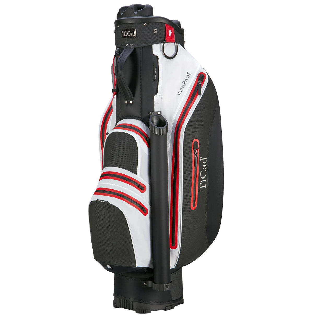 TiCad QO 9 Premium Waterproof Cartbag, Schwarz / Weiß / Rot - Golflaedchen.de