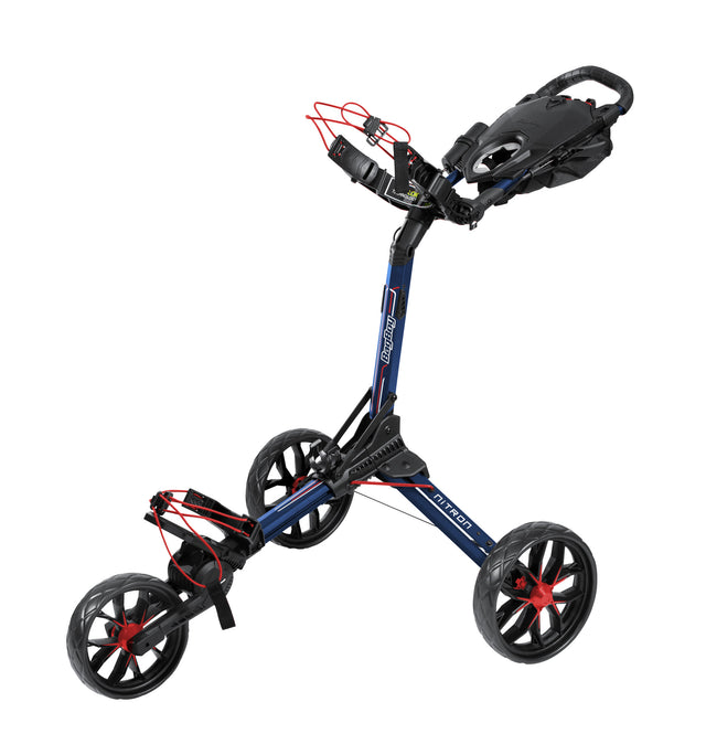 Bag Boy NITRON Auto - Open 3 - Rad Golftrolley, Navy / Rot - Golflaedchen.de