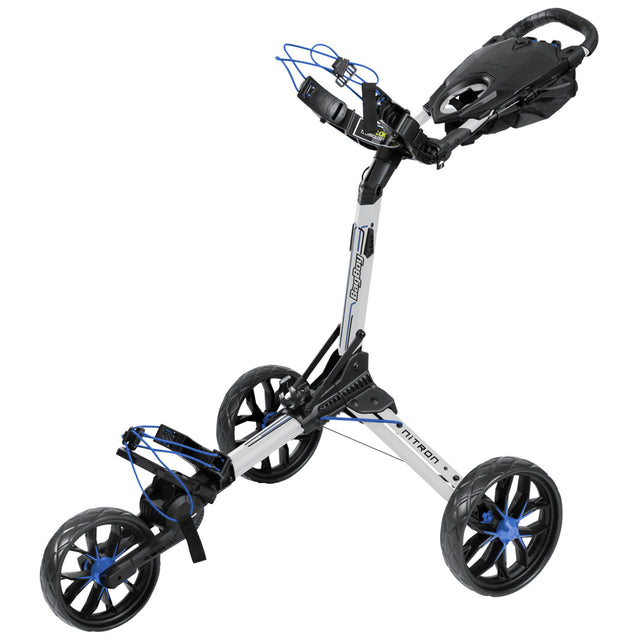 Bag Boy NITRON Auto - Open 3 - Rad Golftrolley, Weiß / Blau - Golflaedchen.de
