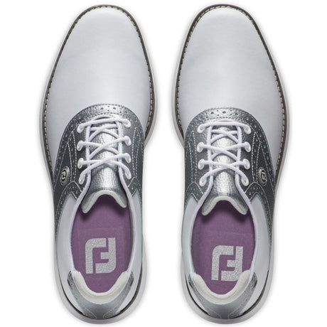 FootJoy Traditions Spikeless Damen Golfschuhe, Weiß / Silber / Pink - Golflaedchen.de