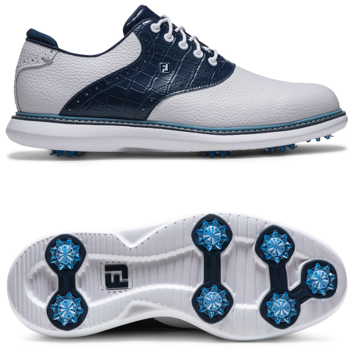 FootJoy 2026 Traditions Herren Golfschuhe, Weiß / Blau - Golflaedchen.de